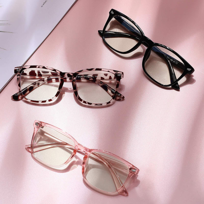 Blue Screen Glasses for Kids, COASION 3 Pack Blue Light Blocking Glasses for Girls Boys, Computer Gaming Fake Eyeglasses Anti Eyestrain (Leopard + Clear Pink + Black)