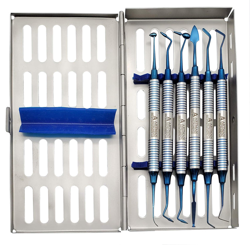 Dental Composite Non Stick Filling Instruments Kit in Stainless Steel Cassette (6 PCS Blue Plasma Coated) by Wise Linkers