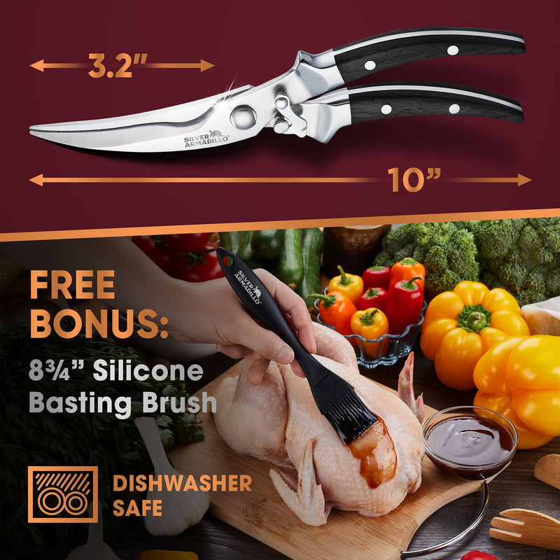 Heavy Duty Poultry Shears | Food Grade Stainless Steel Scissors for Bone, Chicken, Meat, Fish, Seafood, Vegetables | Anti-Rust Ergonomic Spring Loaded Food SHEAR | Built-In Lock |(Black Wood Handles) Black Wooden Handles