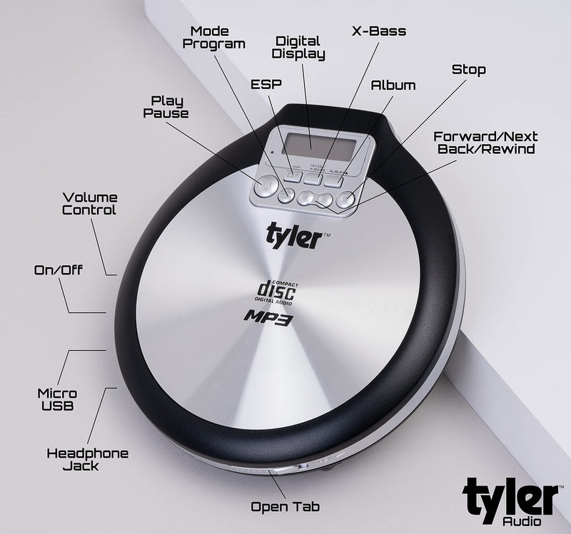 Tyler TDM-01 Portable CD Player - Multi-Function Music Device for Compact Disc, CD-R, CD-RW, CD-MP3 - X-Bass Stereo Sound and Anti-Shock - Pro-Earbuds - Black and Silver Design