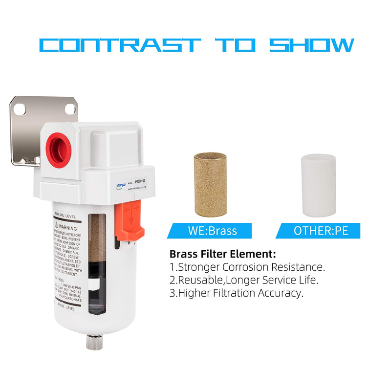 NANPU 1/2" BSP Compressed Air Filter, 5μm Brass Element, Metal Bracket, Poly Bowl, 10 Bar 1/2" BSPP