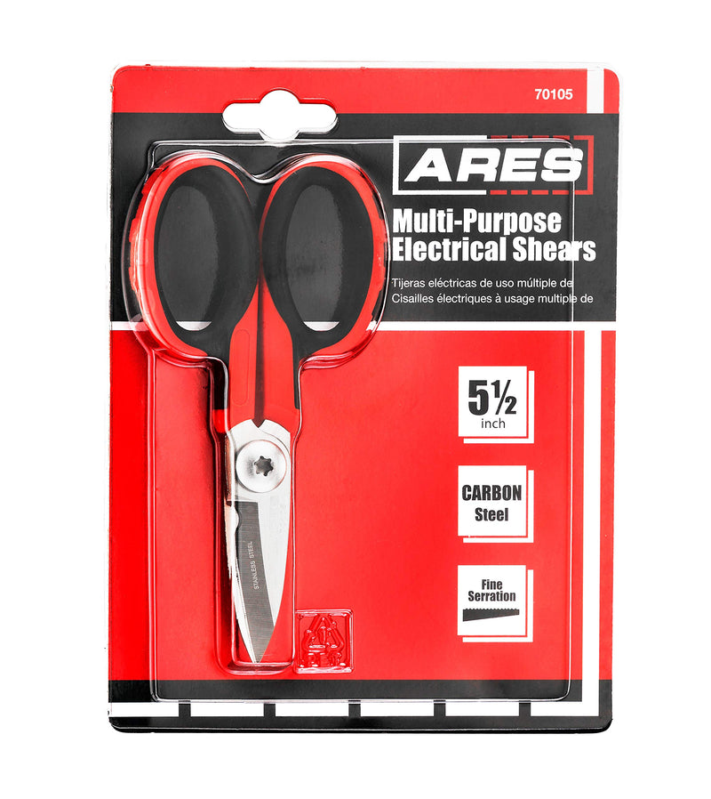 ARES 70105 - 5 1/2-Inch Multi-Purpose Heavy Duty Shears - Finely Serrated High Carbon Stainless Steel Blades - Cuts Wire, Insulation, Soft Cable and More