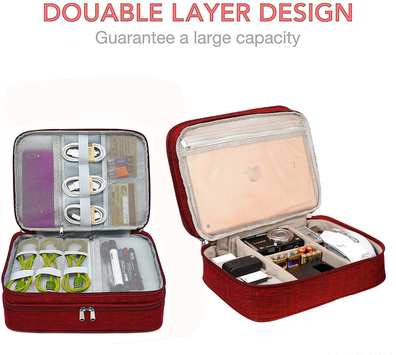 Electronic Organizer Travel Universal Cable Organizer Electronics Accessories Cases for Cable, Charger, Phone, USB, SD Card,1Pack Red Triple Layer /11.02" x 8.27" x 3.94"