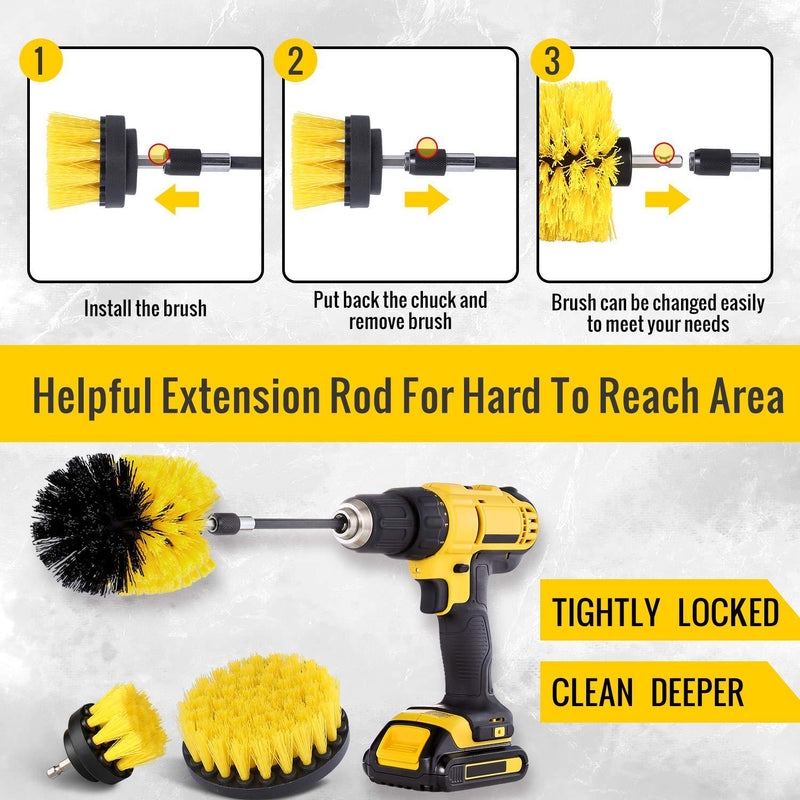 Drill Brush Attachment Set - Power Scrubber Brush Cleaning Kit - All Purpose Drill Brush with Extend Attachment for Bathroom Surfaces, Grout, Floor, Tub, Shower, Tile, Kitchen and Car