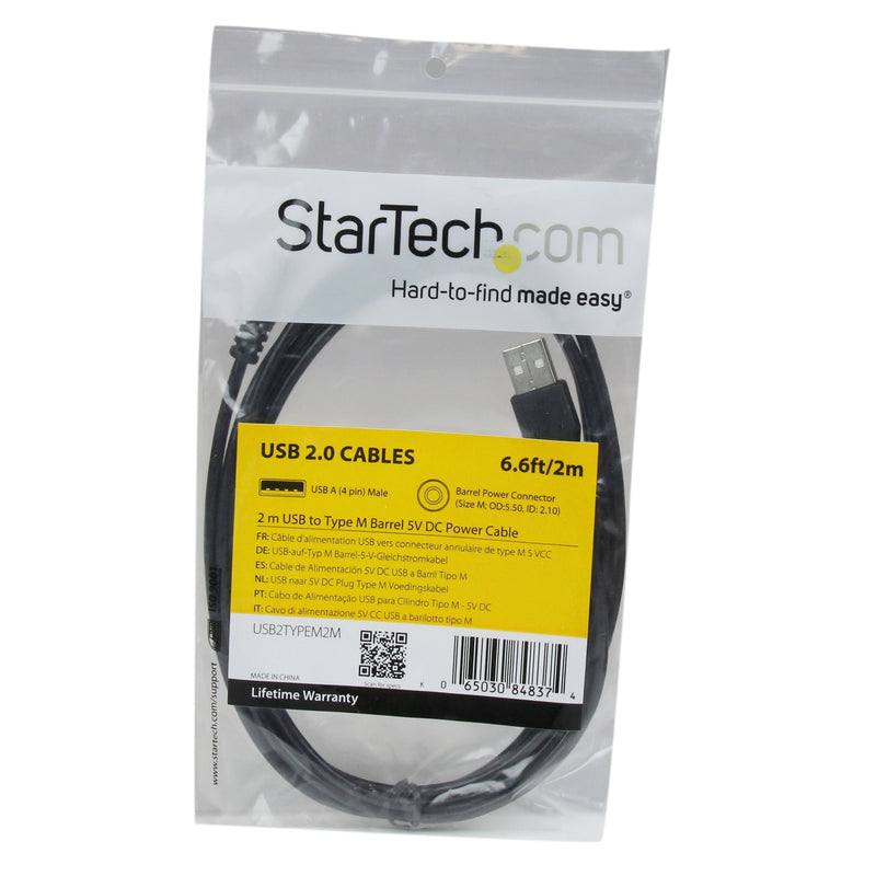 StarTech.com 2m USB to Type M Barrel Cable - USB to 5.5mm 5V DC Cable - USB to Barrel Jack 5V DC Plug (USB2TYPEM2M) Black 6 ft / 2m