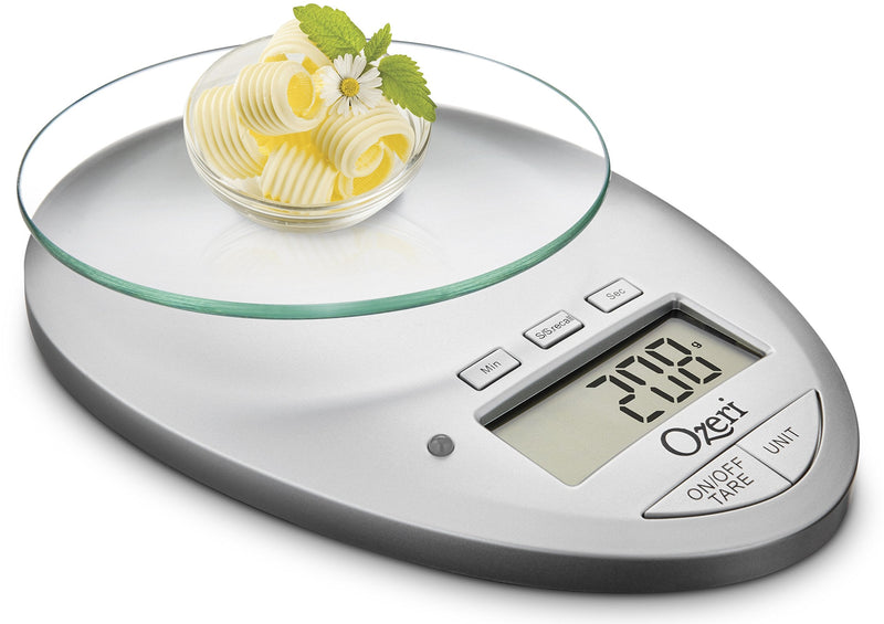 Ozeri Pro II Digital Kitchen Scale with Removable Glass Platform and Countdown Kitchen Timer (1 g to 12 lbs Capacity) Silver