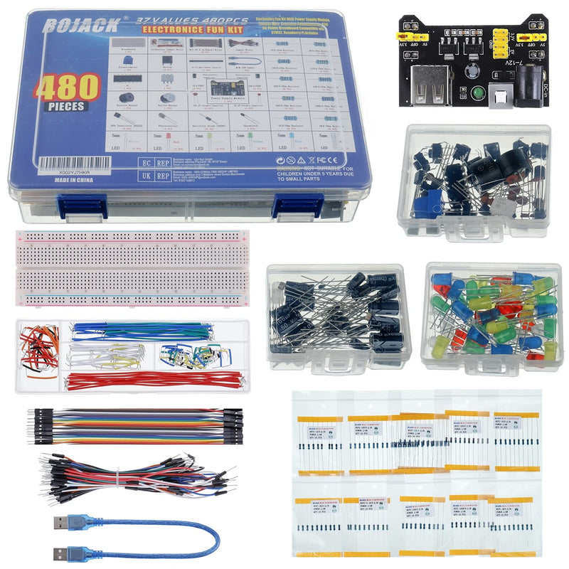 BOJACK 37 values 480 piece electronic components fun kit with power supply module, jumper cable, precision potentiometer, 830 points breadboard, compatible with STM32, Raspberry Pi, Arduino