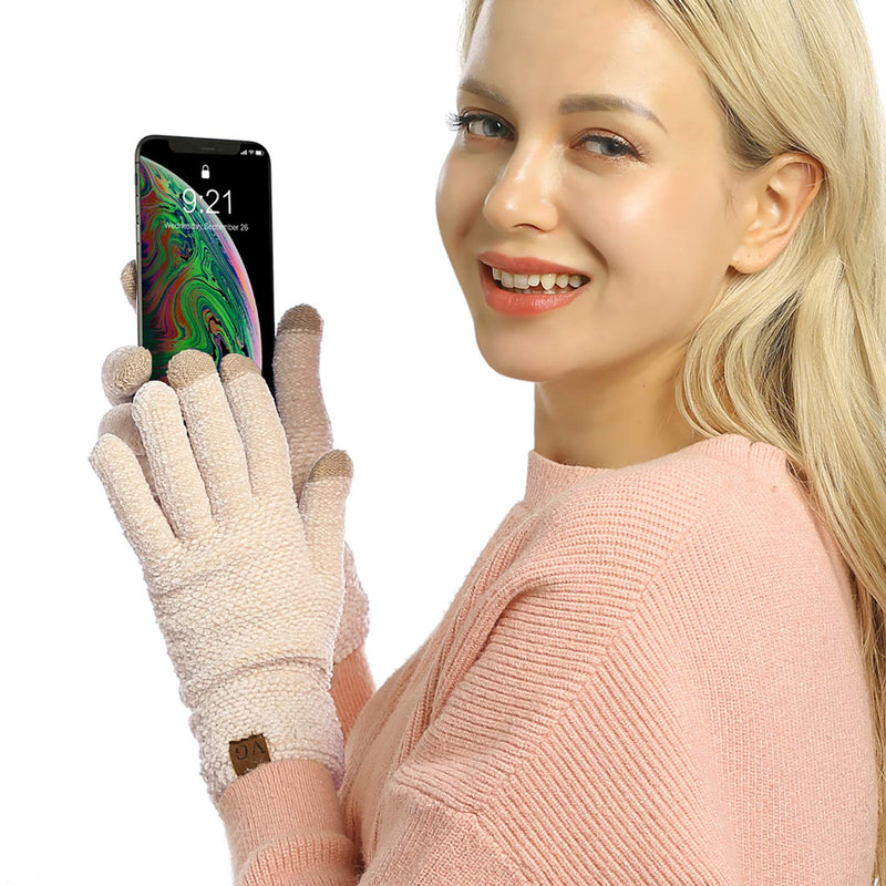 Women's Winter Touch Screen Gloves Chenille Warm Cable Knit 3 Touchscreen Fingers Texting Elastic Cuff Thermal Gloves Beige