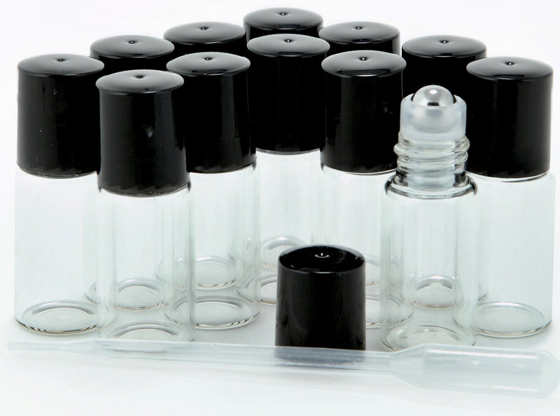 Vivaplex, 12, Clear, 3 ml Glass Roll-on Bottles with Stainless Steel Roller Balls - Dropper included