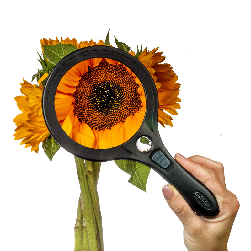Carson Lume Series COB LED 2x or 2.5x Hand-Held Aspheric Magnifiers For Reading, Low Vision, Inspection, Crafts, Hobby and More (AS-90 or AS-95) 2.0x Magnification (4.0'' Lens Diameter)