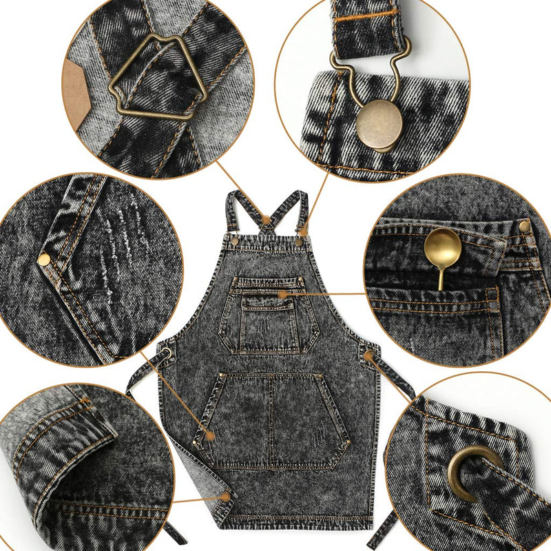 Jeanerlor - Denim Apron with Pockets for Hair Stylist Gardening Craftsmen Barista Women Hairdresser Jean Work Apron Cross Straps & Adjustable S to L ( Black ) Medium
