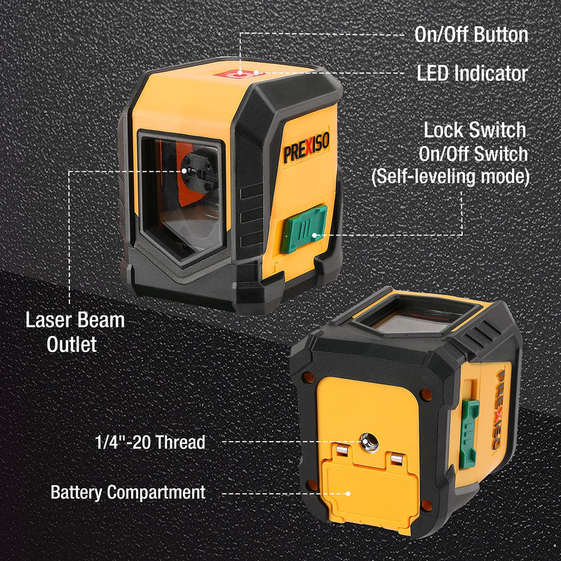 PREXISO 65FT Laser Level Self Leveling Cross-Line Laser Green Beam, with Rotatable Mount Clamp, LED Indicator for Hanging Pictures, Home Renovation, Floor Tile, Construction, 2 AA Batteries Included 360°Clamp& LED Indicator