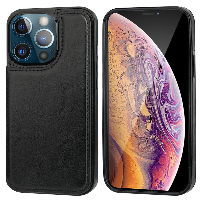 ONETOP Compatible with iPhone 13 Pro Wallet Case with Card Holder, PU Leather Kickstand Card Slots Case, Double Magnetic Clasp Durable Shockproof Cover 6.1 Inch(Black) Black