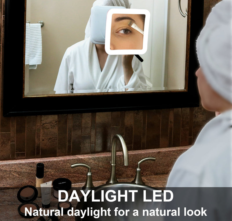 Fancii 10X Magnifying Lighted Makeup Mirror - Daylight LED Vanity Mirror - Compact, Cordless, Locking Suction, 6.5" Wide, 360 Rotation, Portable Illuminated Bathroom Mirror (Square) White