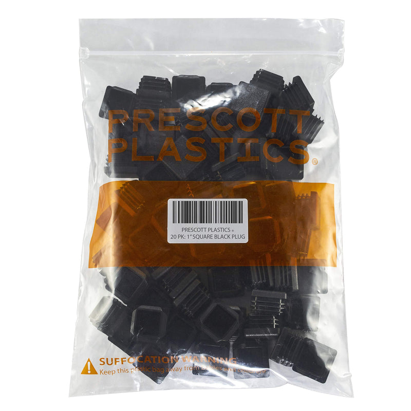 Prescott Plastics 1â€ (25.4 mm) Square Plastic Plug Insert, Black End Cap for Metal Tubing, Fences, Glide Protection for Chairs and Furnitures (20 Pack) 20