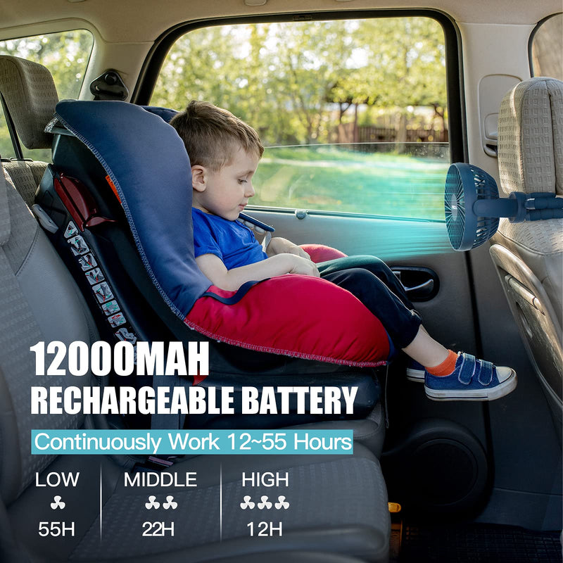 Portable Stroller Fan, Use As Power Bank 55H 12000mAh Battery Operated Fan Tripod Baby Car Seat Fan, Personal Mini Handheld/Desk/Small Clip On Fans For Stroller, Carseat, Bike, Beach, Bedroom, Camping Darkblue