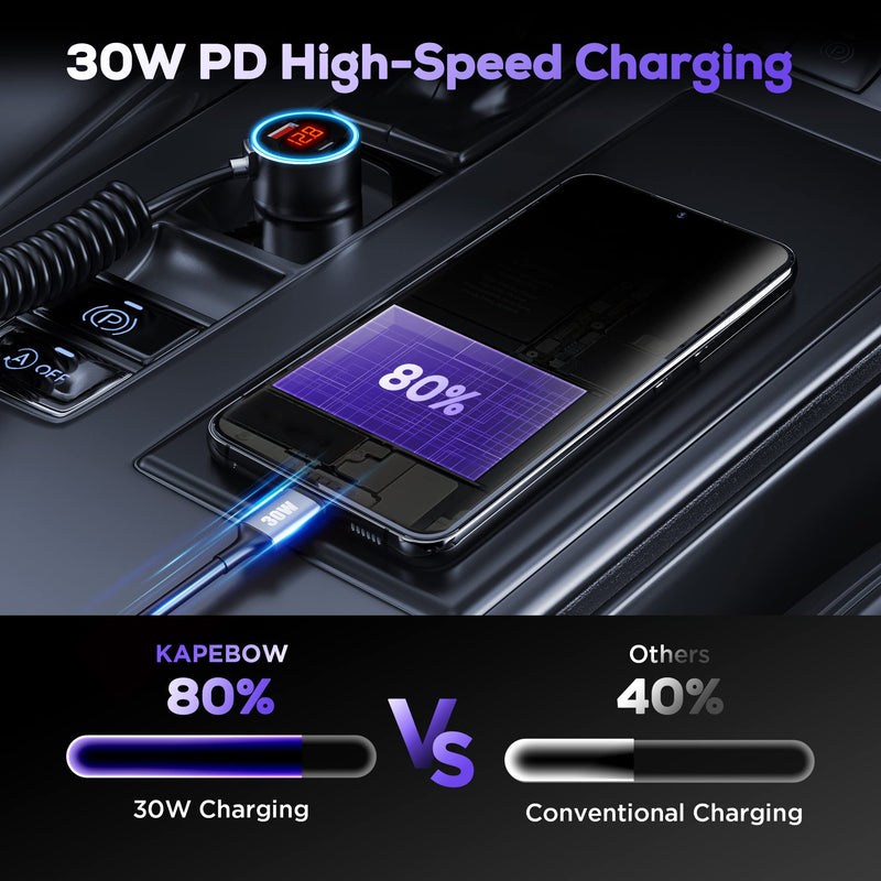 USB C Car Charger, 75W Metal 3-Port Super Fast Car Charger Adapter PD & QC3.0 Built-in 6ft Type C Coiled Cable for Samsung Galaxy S22/21 iPhone iPad Pro Pixel Android Phones Black