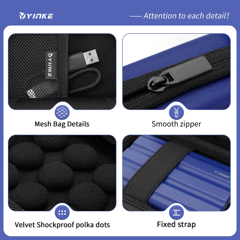 YINKE Carrying Case Compatible with Samsung T7 Shield/T7/T7 Touch Portable SSD USB 3.2 1TB, 2TB, 500GB, Hard EVA Portable Travel Storage Protective Cover (Blue) Blue