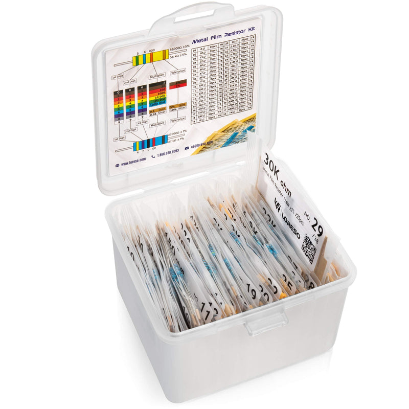 LORESO Resistor Assorment Kit Box - Case of 1200 Pieces 38 Value 1/4W 1% Metal Film Resistor Pack ROHS Compliant 0 to 1M Ohm Common Resistors for Hobby Electronics, Audio-Video Electronic DIY Project