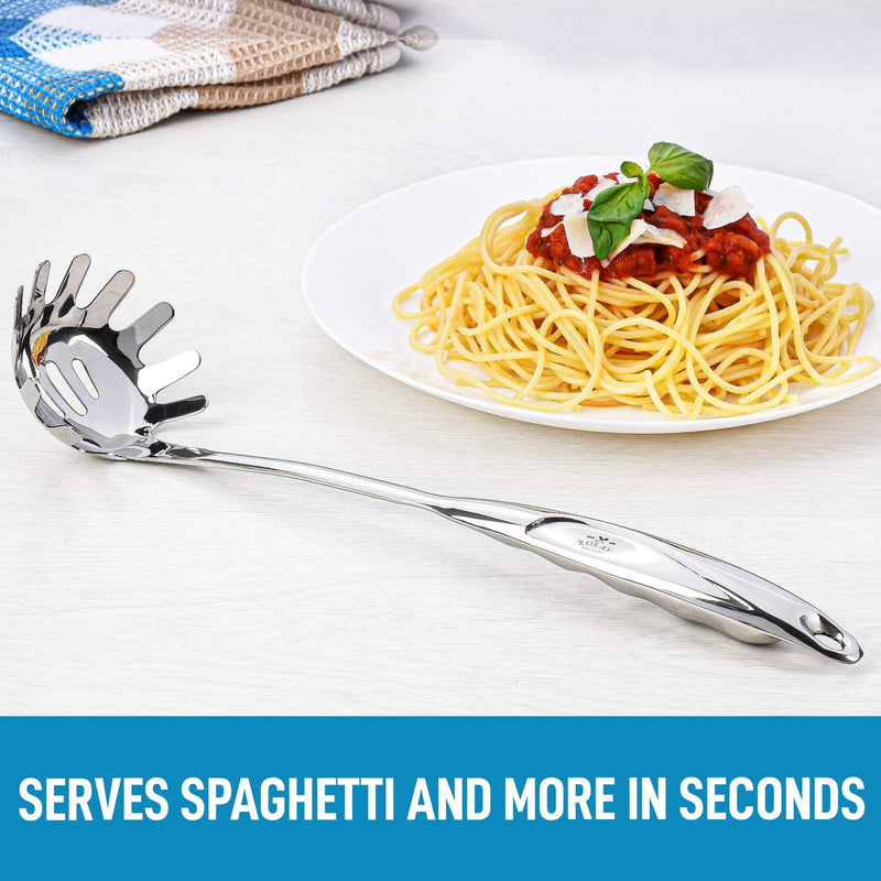 Zulay Kitchen Pasta Server - Durable Food Grade Stainless Steel Pasta Spoon Server With Ergonomic Handle & Heat Resistant Design - Kitchen Spaghetti Server Fork For Noodles, Pasta, & More (12 inch)