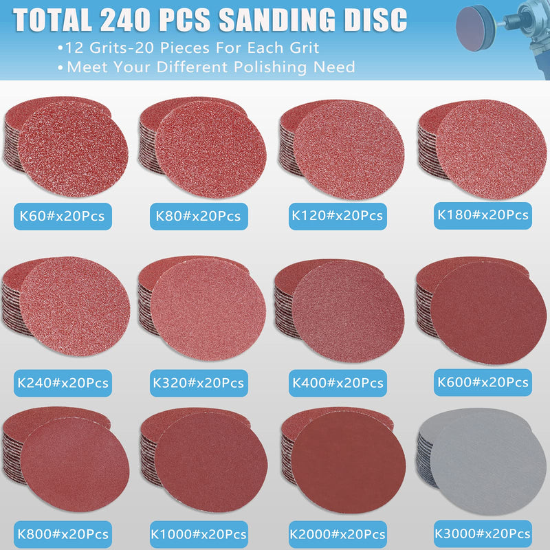STEBRUAM 240 pieces sanding discs pads 50 mm sandpaper Velcro 2 inch sanding pads grit 60 80 120 180 240 320 400 600 800 1000 2000 3000 automobile wood furniture painting-finishing-home improvement 240 pieces - 60-3000 grit