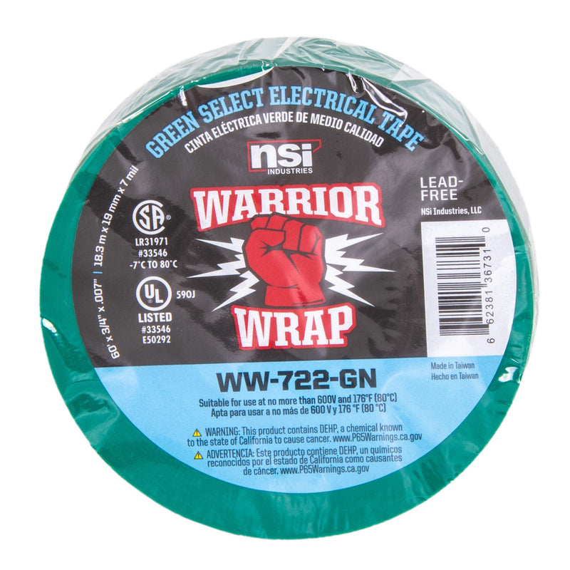 NSi Industries WarriorWrap Select 3/4 in. x 60 ft. 7 mil Vinyl Electrical Tape, Green (WW-722-GN)