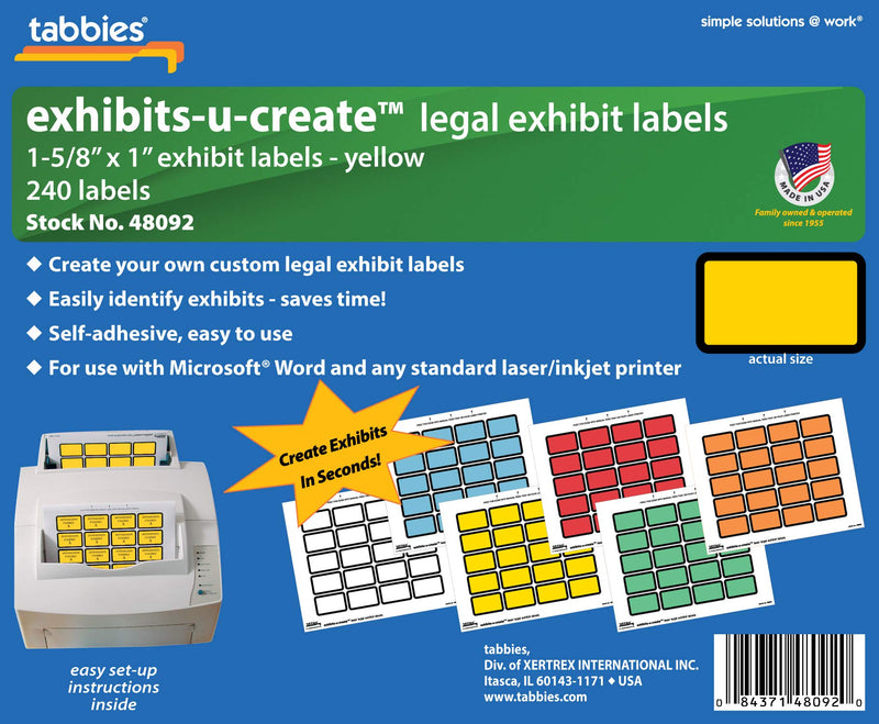 Tabbies Legal Exhibits-U-Create 1-5/8"W x 1"H Labels, 8-1/2"W x 7"H Sheet, 240 Labels/Pack (48092) Yellow
