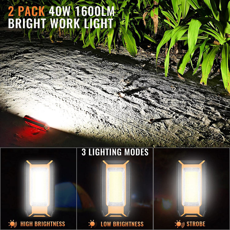 2 Pack 40W 1600LM LED Work Light, Rechargeable Portable LED Magnetic Flood Lights for Outdoor Camping Hiking Emergency Car Repairing and Waterproof Job Site Lighting (2 Pack) 2