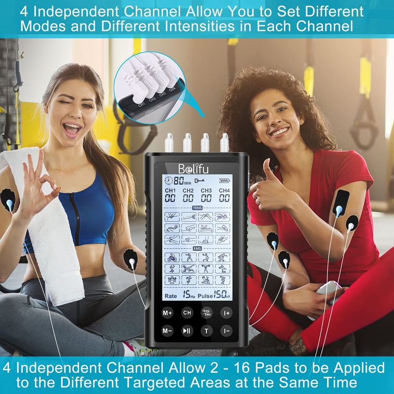 Belifu 4 Independent Channel TENS EMS Unit, 24 Modes,30 Level Intensity Muscle Stimulator Machine, Rechargeable Electric Pulse Massager with 10 Pads&5 Set Leads Wires, for Pain Relief Therapy Black