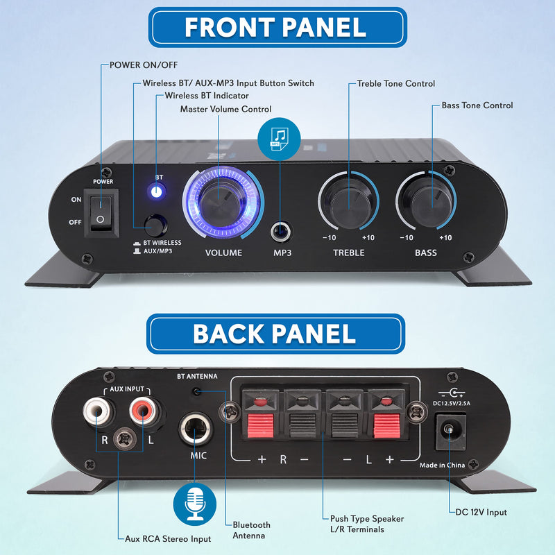 Wireless Bluetooth Home Audio Amplifier - 90W Dual Channel Mini Portable Power Stereo Sound Receiver w/ Speaker Selector, RCA, AUX, LED, 12V Adapter - For iPad, iPhone, PA, Studio Use - Pyle PFA330BT