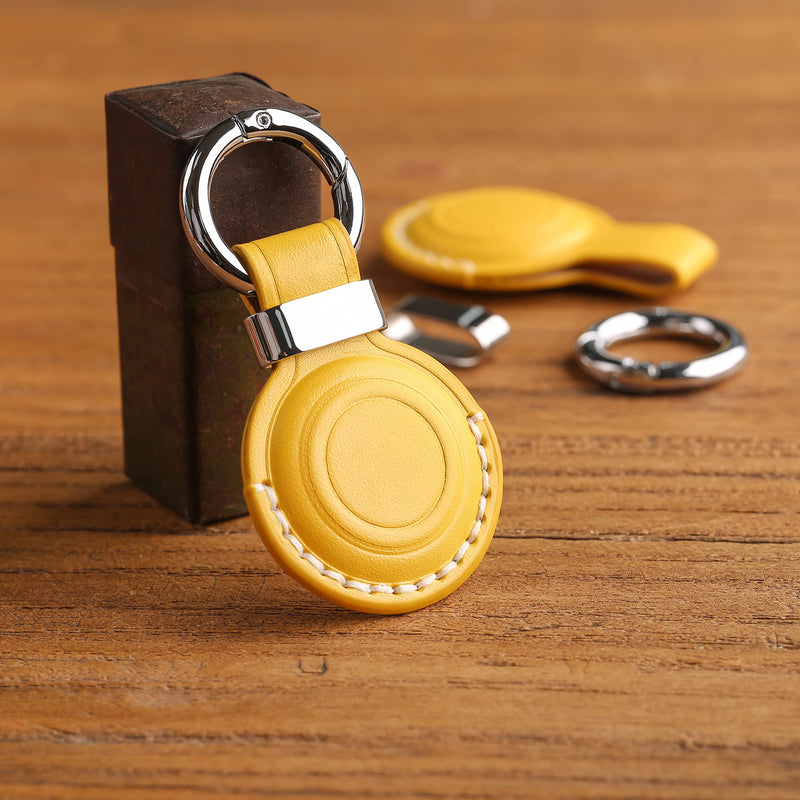 LQU for Apple Airtag Holder Keychain with Real Leather Protection, Secure Air Tag Holder Keychain with Metal Ring Lock, Durable Airtag Case Cover Key Ring Accessories - Yellow V2.0 [1 Pack] Yellow V2.0