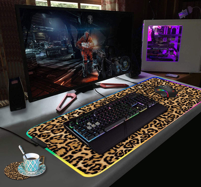 RGB Gaming Mouse Pad with Coffee Coaster, XXL Large Glowing LED Mousepad, Anti-Slip Rubber Base, Computer Keyboard Desk Mouse Mat 31.5 X 11.8 Inch - Leopard Print