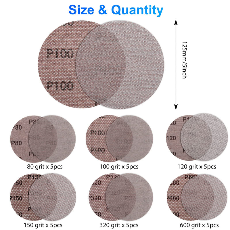 Pack of 30 sanding discs, sanding mesh, Velcro sanding discs, diameter 125 mm, dust-free sanding net, sanding disc, anti-blocking sanding pads, sandpaper for ceiling sanders, drywall sanders, 30 pieces