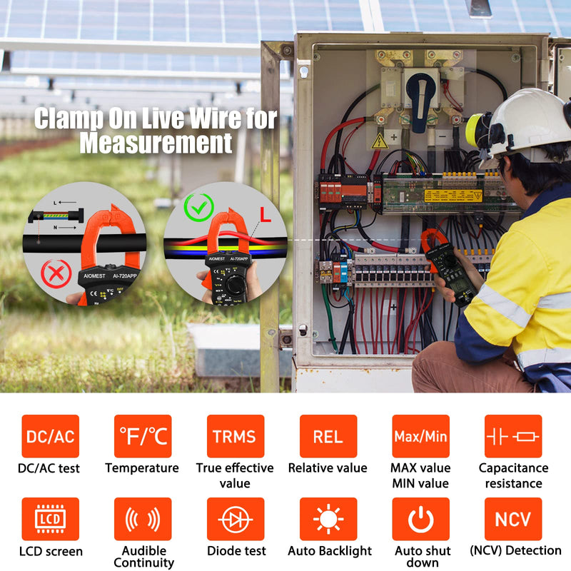 Digital Clamp Multimeter, AC DC Amp Volt Ohm Clamp-on Meter with Bluetooth APP, Intelligent DMM AN-7200APP Tester for Voltage Current Resistance Capacitance Hz Temp Diode Continuity Buzzer with Lamp