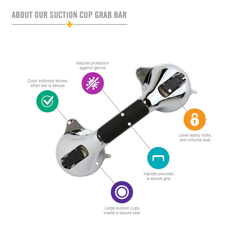 HealthSmart 12" Suction Cup Grab Bar, Safety Hand Rail, Support - Handicap, Elderly, Injury, Senior Assist, Color Indicator Showing when Bar is Secure, Chrome