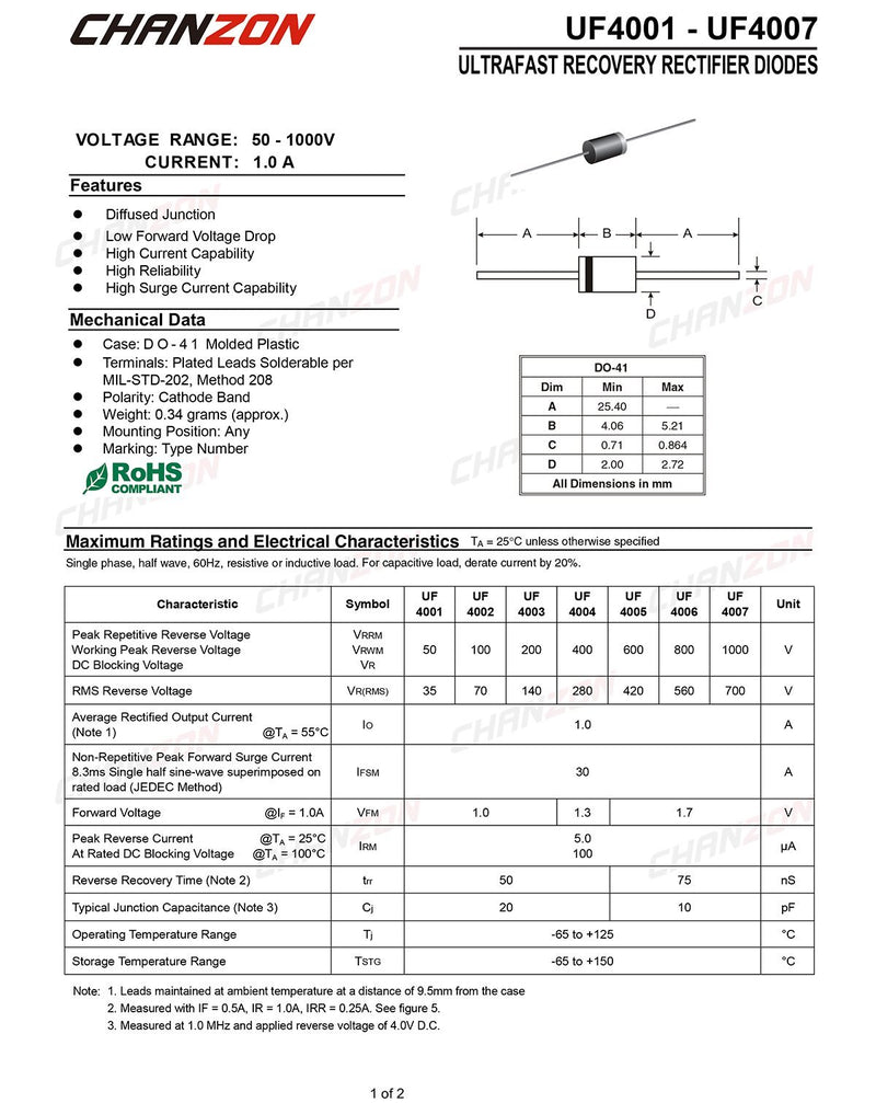 (Pack of 100 Pieces) Chanzon UF4007 Ultra Fast Recovery Rectifier Diode 1A 1000V 50-75ns DO-41 (DO-204AL) Axial 1 Amp 1000 Volt Electronic Diodes