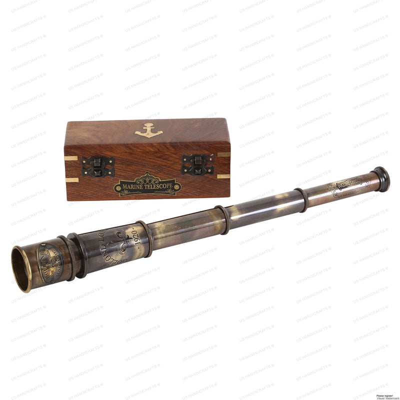 DOLLOND London 1920 Marine Collectible Décor Nautical Spyglass Antique Mounted Solid Brass 15 Inch Pirate Telescope with Wooden and Branded corrugate Box.