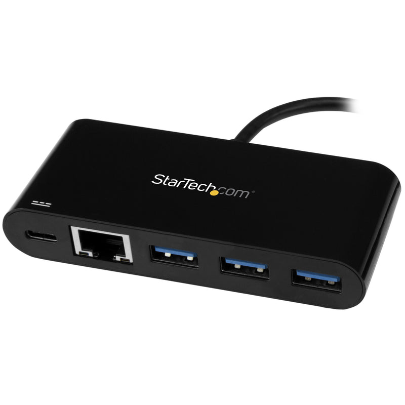 StarTech.com 3 Port USB-C Hub with Gigabit Ethernet & 60W Power Delivery Passthrough Laptop Charging - USB-C to 3x USB-A (USB 3.0 SuperSpeed 5Gbps) - USB 3.1/3.2 Gen 1 Type-C Adapter Hub (HB30C3AGEPD) Black w/ 4 Port Hub and Power Delivery
