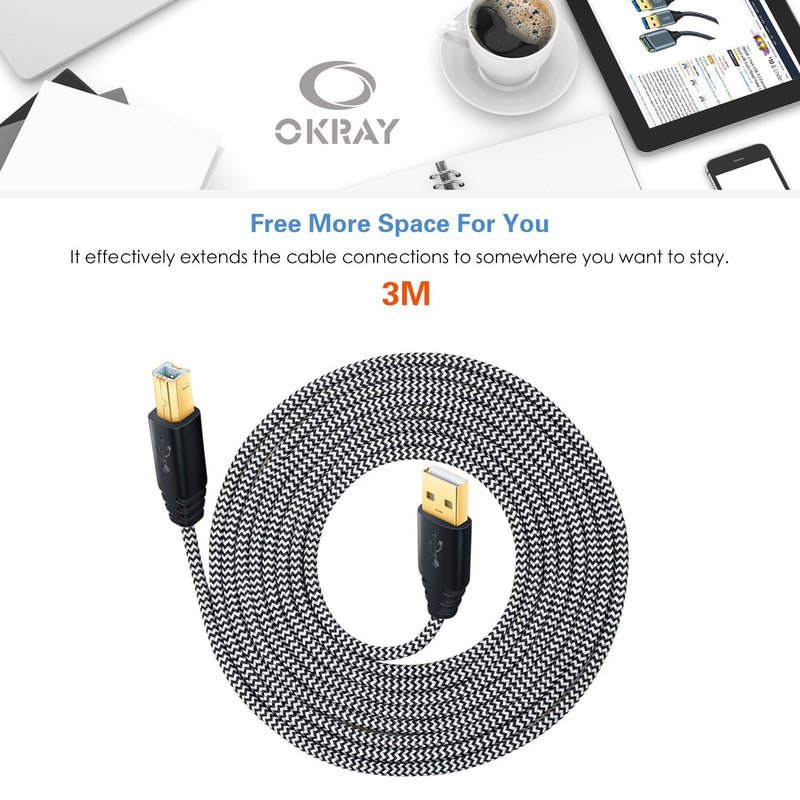 [10ft] USB Printer Cable, OKRAY 2 Pack USB A Male to B Male Cable - USB 2.0 Printer Cable Braided Printer Cord (White White) White White