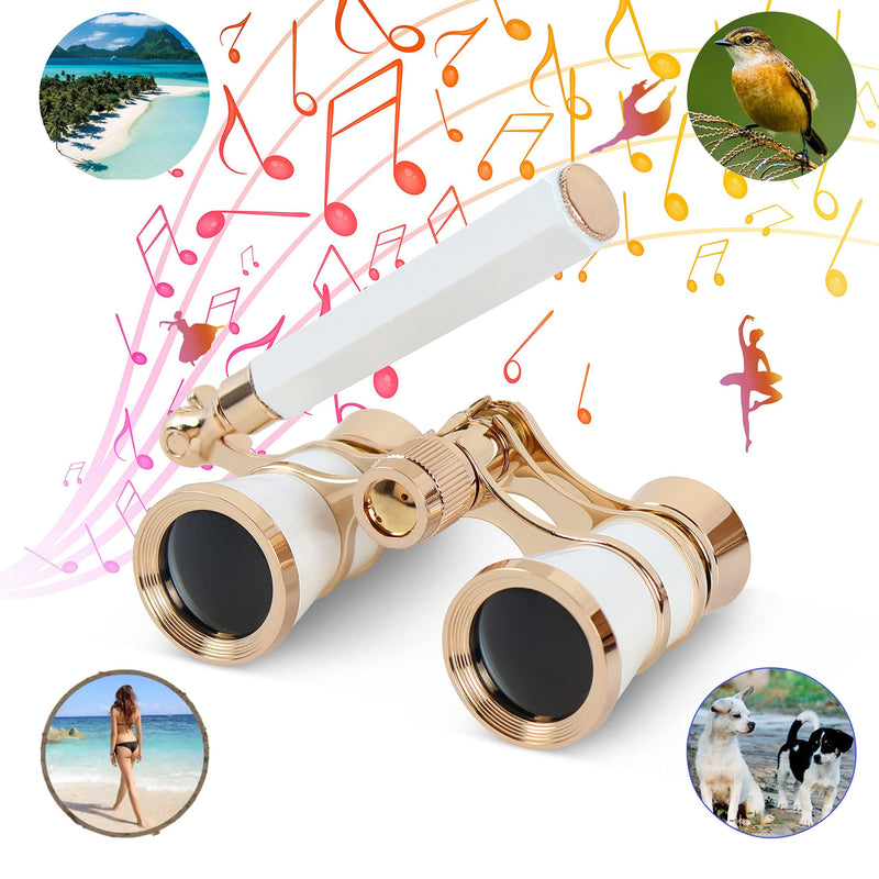 Yourelexit® Opera Glasses Binoculars 3X25 Lorgnette Theater Glasses Optical BK9 Mini Compact Lightweight Built-in Foldable Adjustable Handle Vintage for Adults Kids Women in Musical Concert Cinema White With Handle