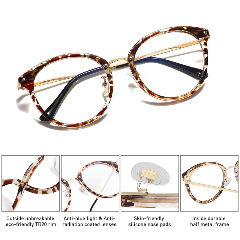 SOJOS Retro Big Round Blue Light Computer Glasses TR90 Eyewear Frame Ashley SJ9001 Leopard