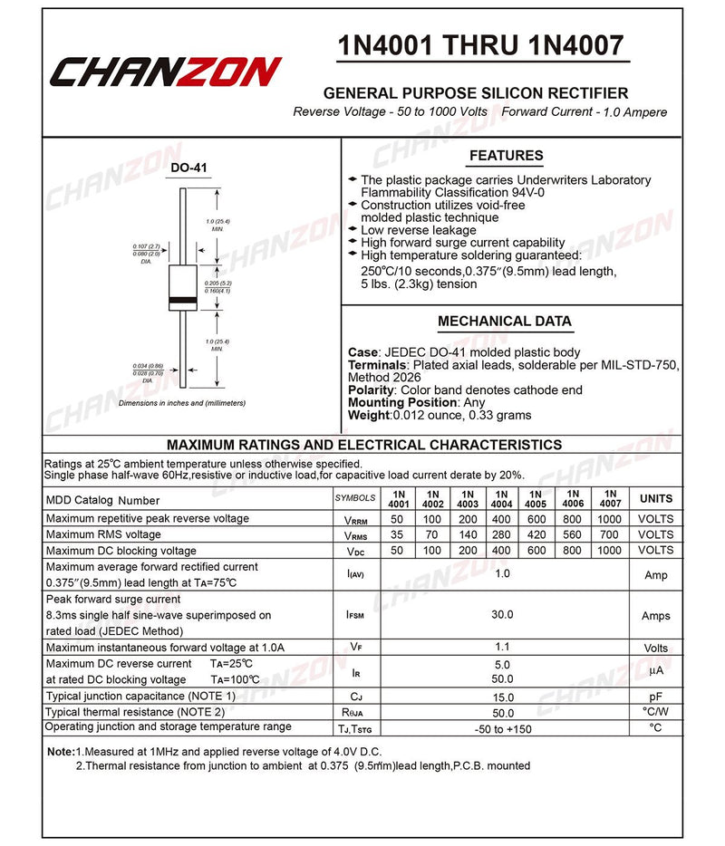 (Pack of 100 Pieces) Chanzon 1N4007 Rectifier Diode 1A 1000V DO-41 (DO-204AL) Axial 4007 IN4007 1 Amp 1000 Volt Electronic Silicon Diodes