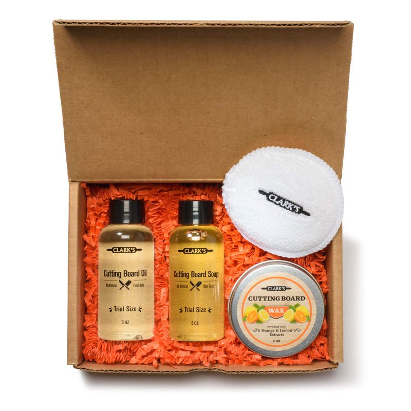 CLARK'S Cutting Board Care Gift Set - Cutting Board Soap, Oil, Wax, and Buffing Pad. Enriched with Orange & Lemon Oils. Small Sizes for a Big Impact!