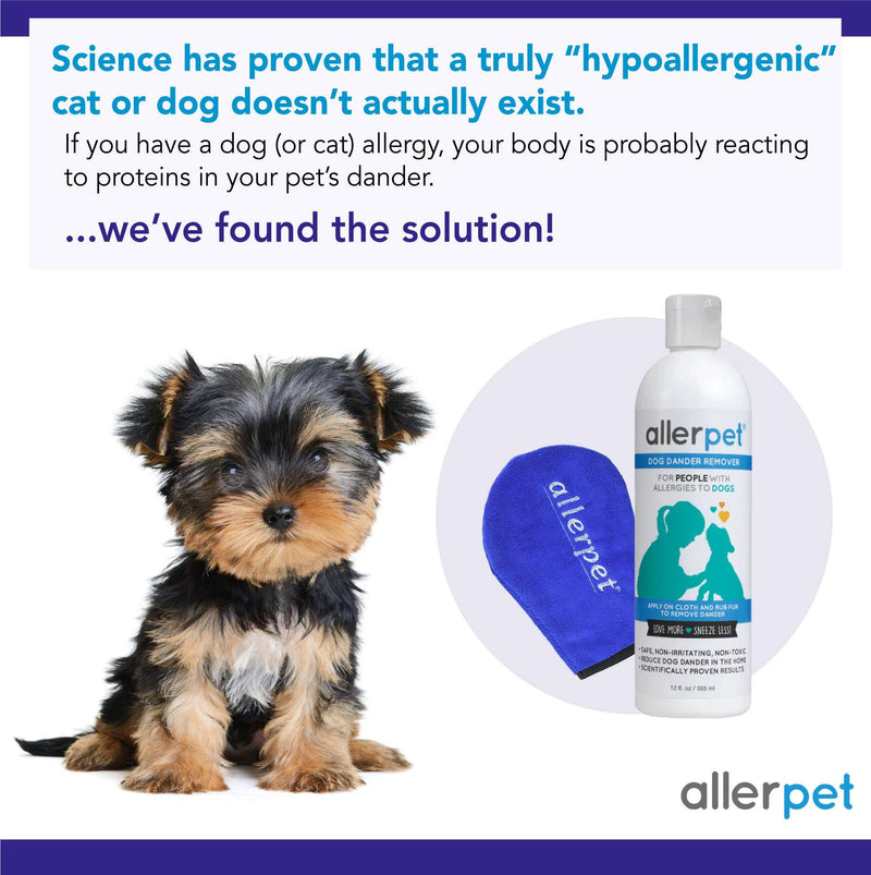Allerpet Dog Allergy Relief - Best Pet Dander Remover for Allergens - Ditch Your Allergy Shampoo - 100% Non-Toxic & Safe for Pets, Good for Fur & Skin Single w/ Applicator Mitt