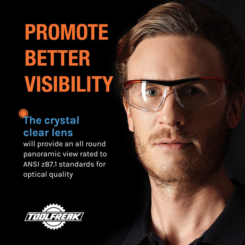 ToolFreak Agent Safety Glasses, Wraparound Lens, U6 UV and Impact Rating to ANSI z87.1, Pouch and Neck Cord Clear Lens