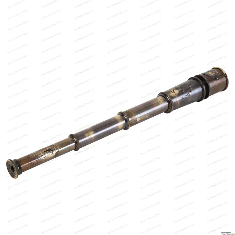 DOLLOND London 1920 Marine Collectible Décor Nautical Spyglass Antique Mounted Solid Brass 15 Inch Pirate Telescope with Wooden and Branded corrugate Box.