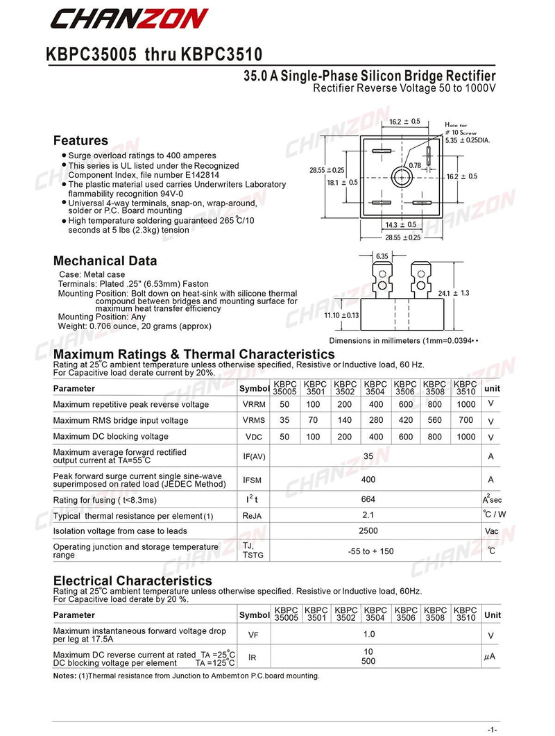 (Pack of 2 Pieces) Chanzon KBPC3510 Bridge Rectifier Diode 35A 1000V KBPC Single Phase, Full Wave 35 Amp 1000 Volt Electronic Silicon Diodes