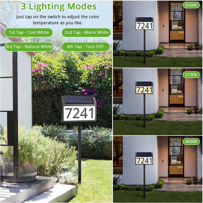 Solar Address Sign Lighted House Numbers Waterproof, Solar Powered LED Illuminated Address Plaques with Stakes, 3-Color in 1 Outdoor Address Number for Home Street Yard Driveway