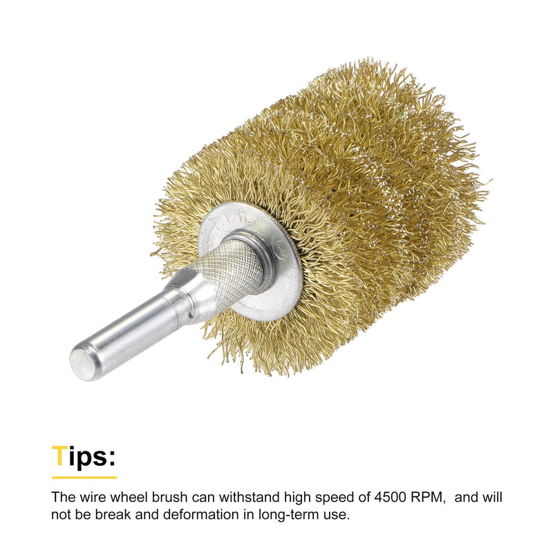 uxcell Wire Wheel Brush, 1.57" x 1.61" Stainless Steel Brass Plated Coarse Crimped Wire 0.012" with 1/4" (6mm) Round Shank for Cleaning Rust Stripping Abrasive 5pcs