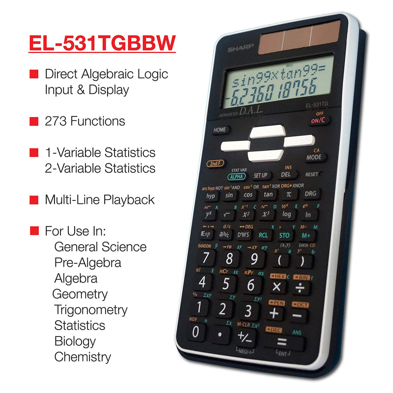 Sharp EL-531TGBBW 12-Digit Scientific/Engineering Calculator with Protective Hard Cover, Battery and Solar Hybrid Powered LCD Display, Great for Students and Professionals, Black,Black and White Black and White